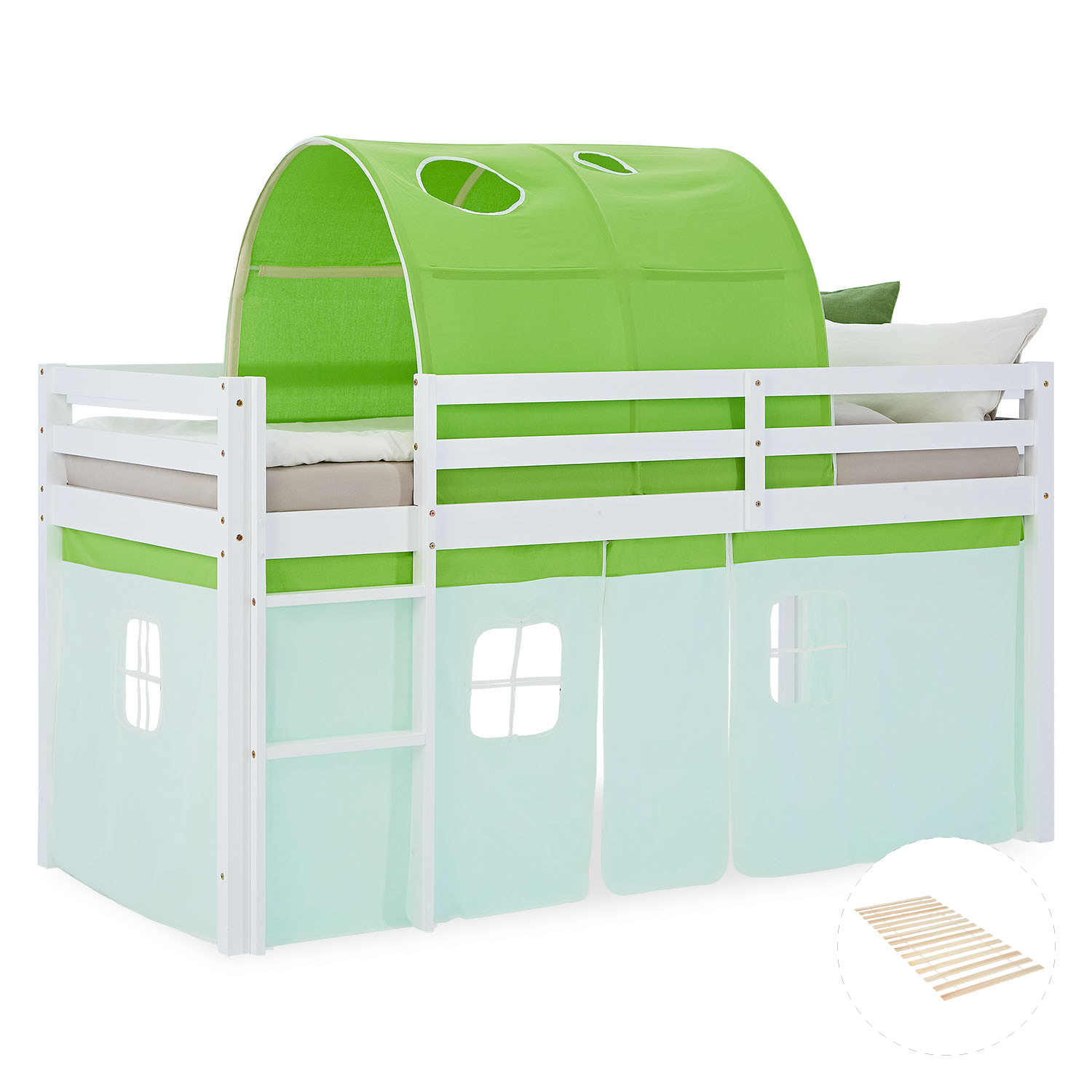 White mid-height kids? bed with green play tunnel and mint curtains featuring window design ? solid wood bed with ladder, perfect for an adventure-themed boys? room