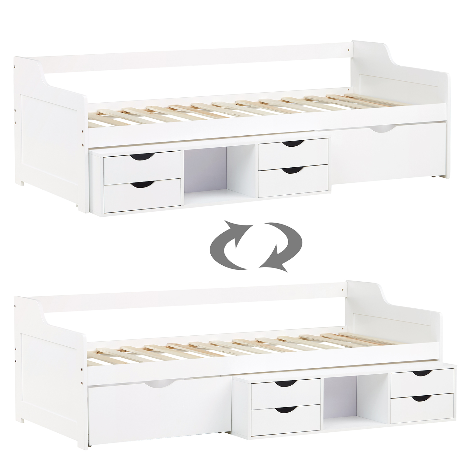 Wooden Bed 90x200 cm White | with Storage | Bunk Bed with Under-Bed Storage | with Slatted Base | Children's, Teen, or Guest Bedroom