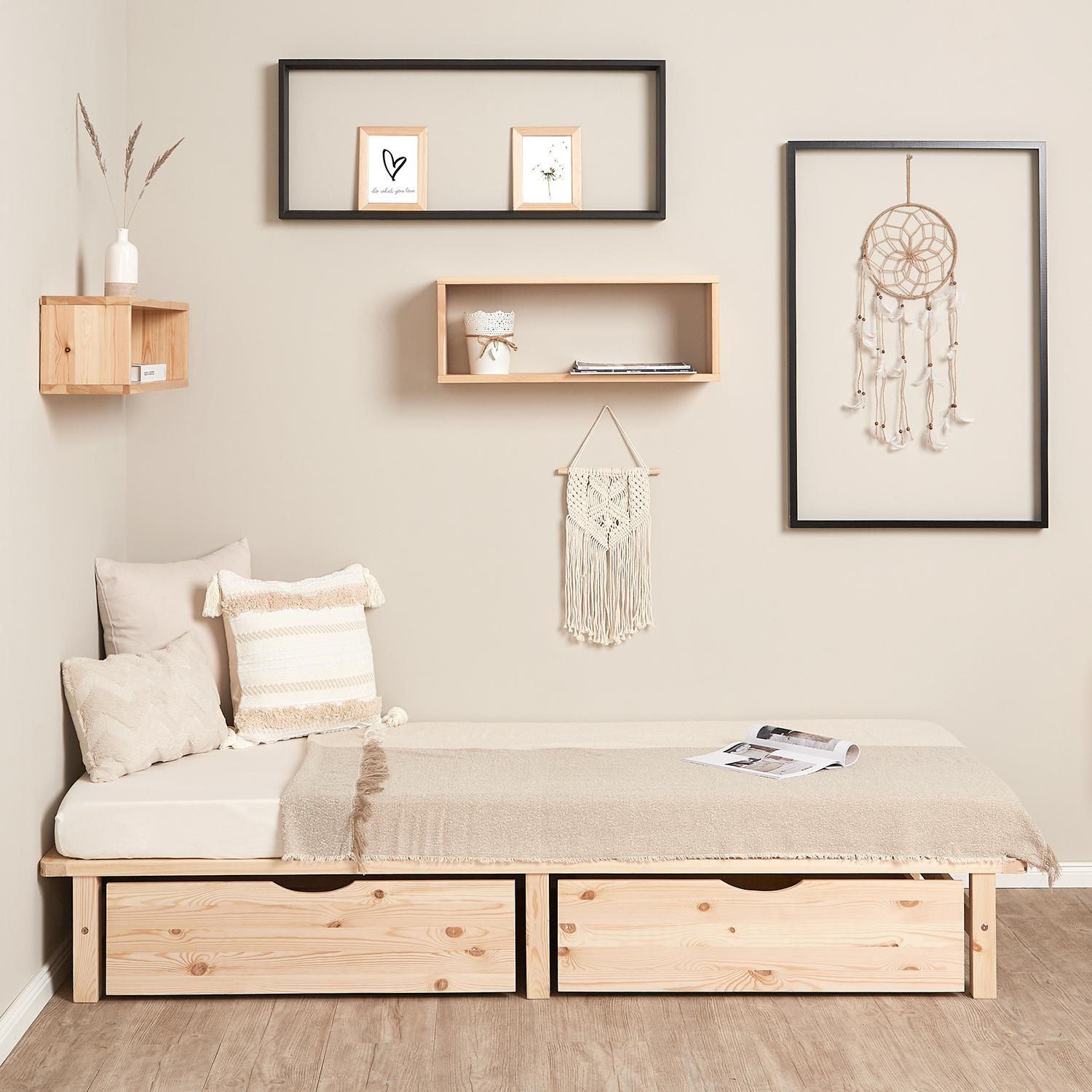 Pallet Bed 90x200 cm Natural | Single Bed with Storage Drawers | with Slatted Frame | Wood | Kids Youth Guest Bedroom