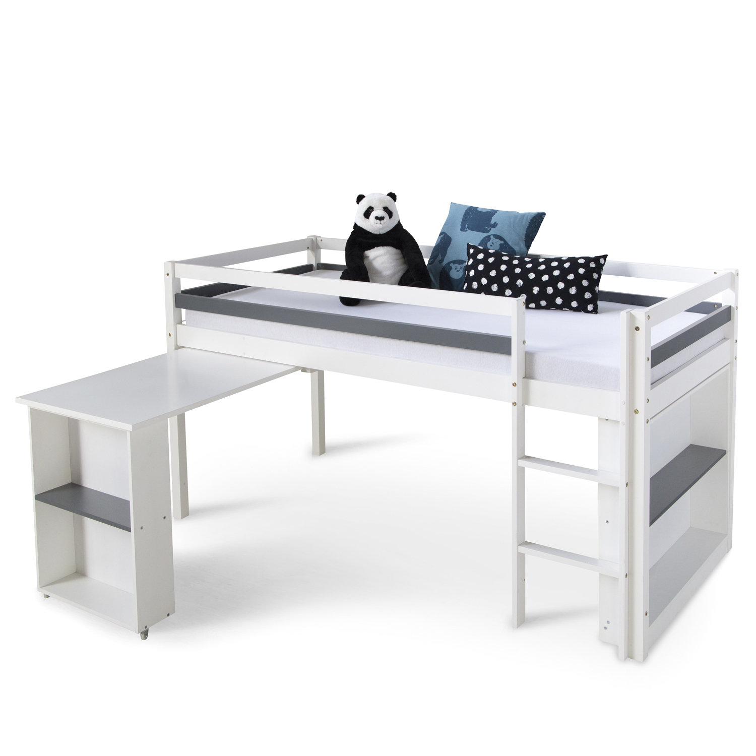 Children´s Bed Bunk Bed 90x200 White Wood Kids Bed High Sleeper Cot Desk