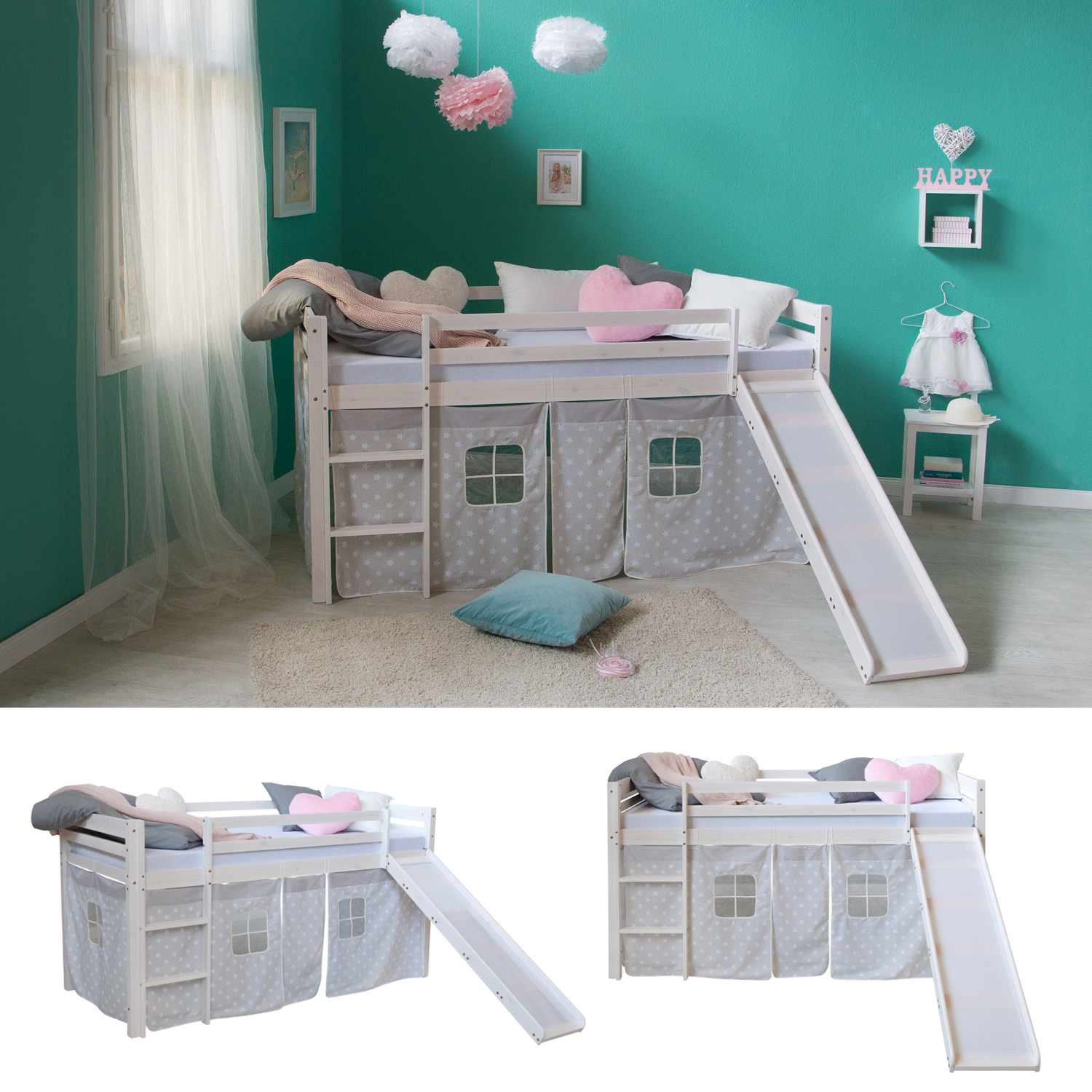 Loft Bed Kids 90x200 cm White with Curtain Stars | Slide | without Slatted Frame