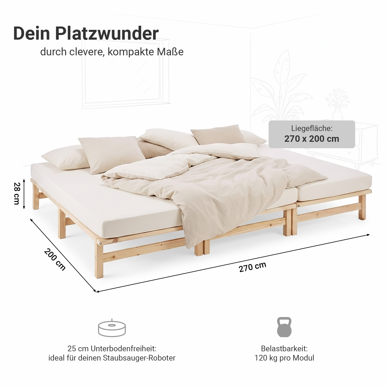 Family Bed 270x200 cm Natural | Maxi Pallet Bed XXL | with slatted frame | Wood | Can also be placed individually