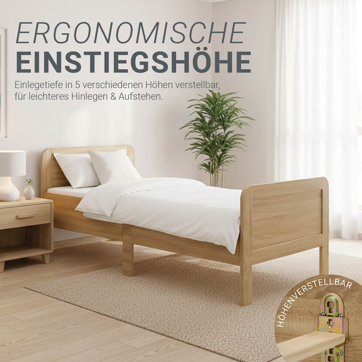 Comfort Bed 100x200 cm Natural | Senior Bed Height Adjustable with Slatted Frame | Single Bed | Wood