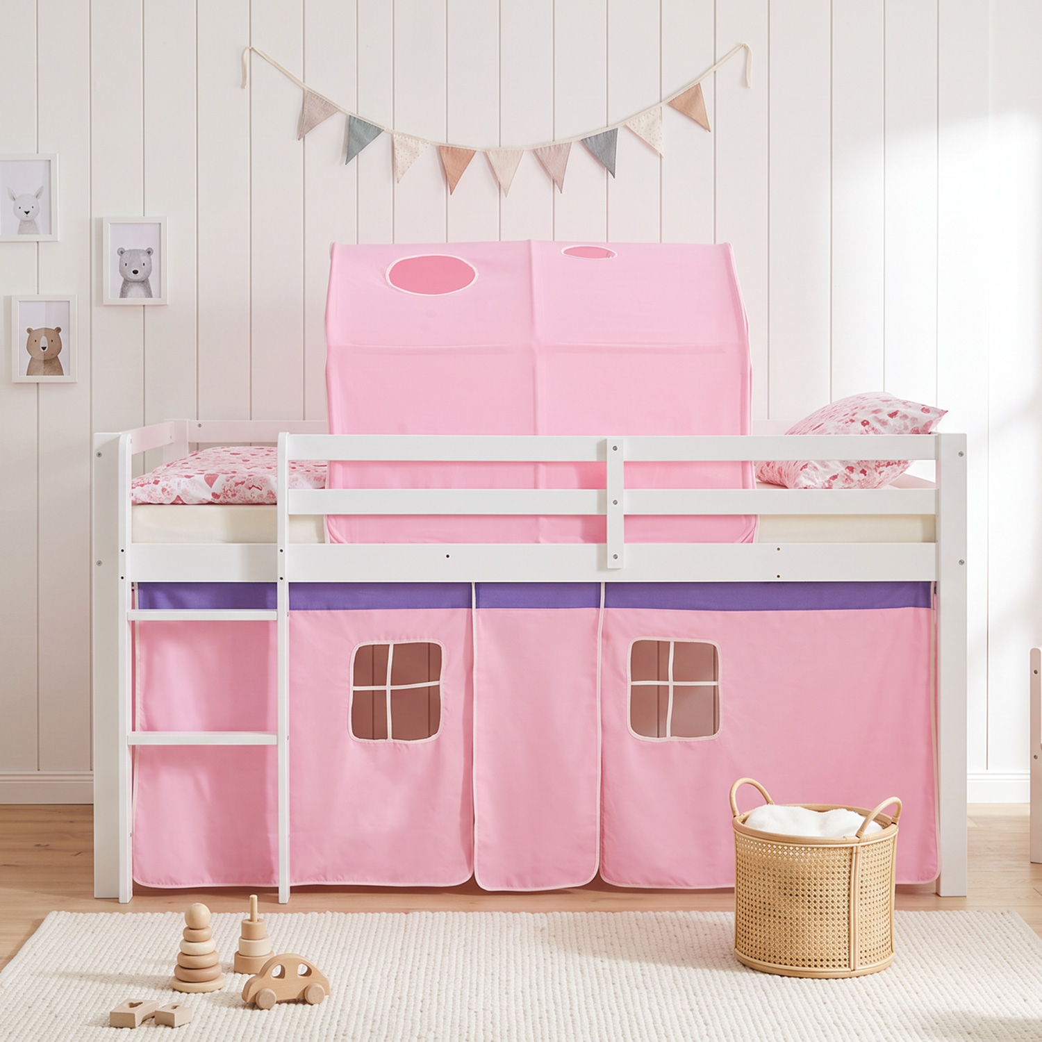 Children's Loft Bed 90x200 cm, White with Pink Curtain | Tunnel | Includes Slatted Base