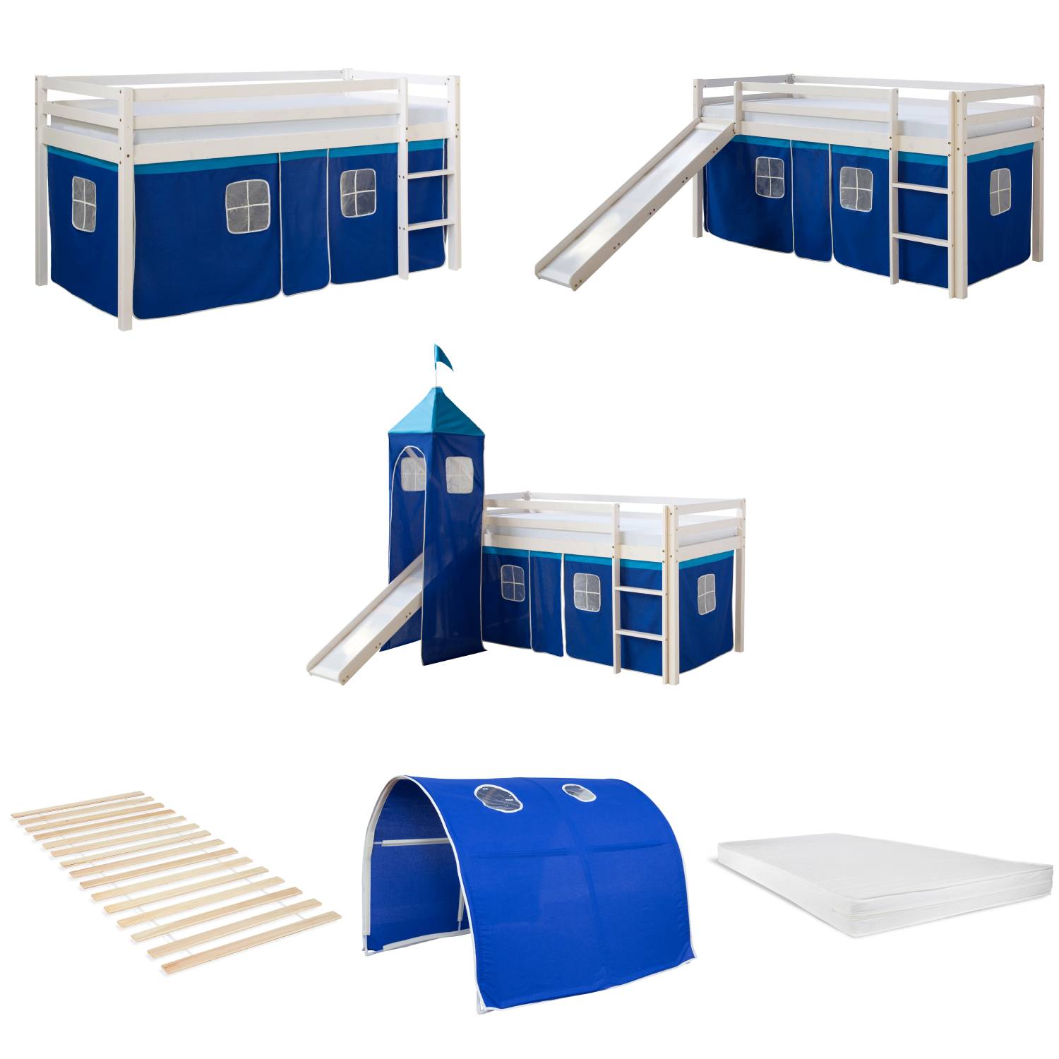 Loftbed 90x200 cm Bunk bed Childrens bed Solid Pine Wood Tower Tunnel Curtain Blue Slide Mattress Slats