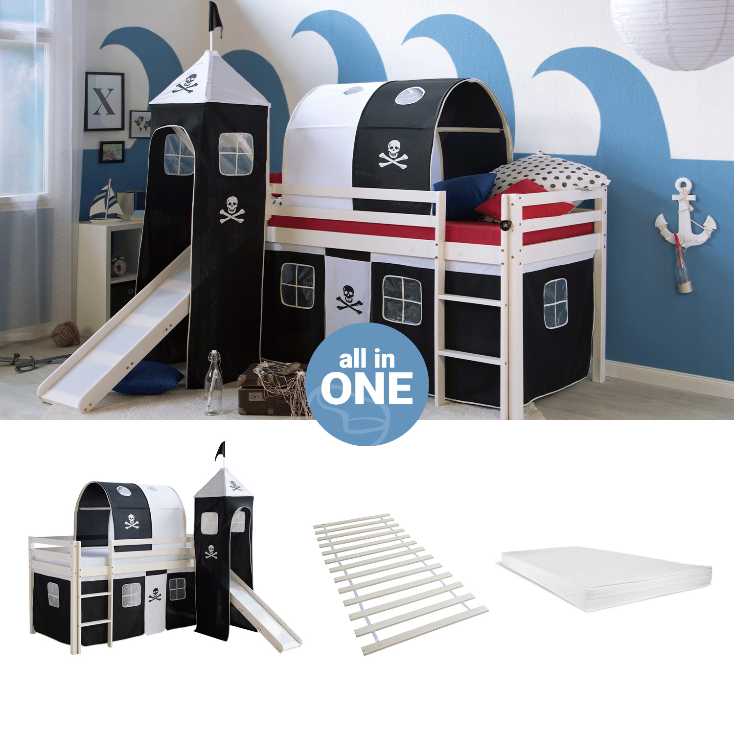 Loftbed 90x200 cm with Tower Tunnel Slide Mattress Bunk bed Childrens bed Solid Pine Wood Slats Curtain Black Pirate