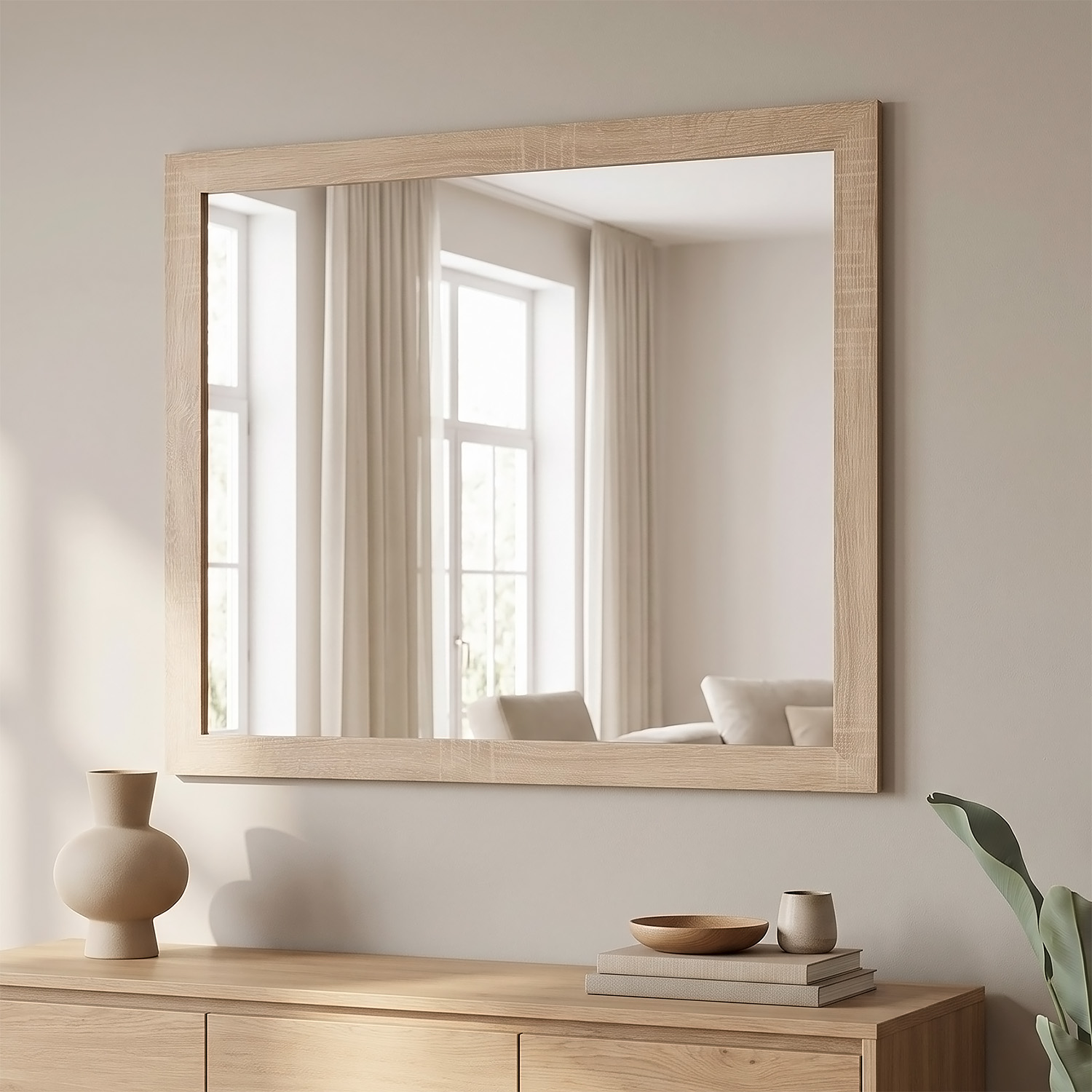 Large Rectangular Wall Mirror 80x70 cm Sonoma Oak Effect Wooden Frame Hallway Bedroom Living Room Mirror