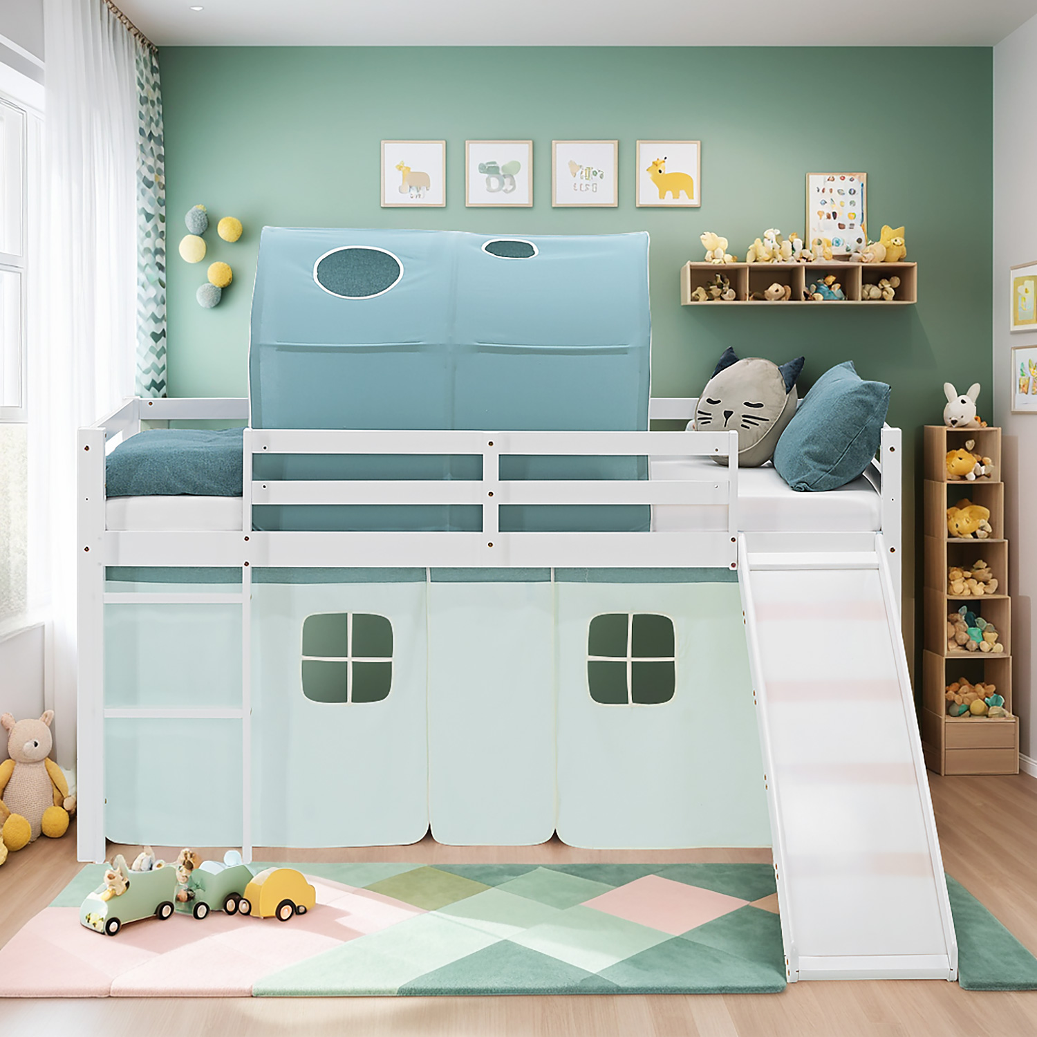 Loft Bed for Kids 90x200 cm White with Curtain & Tunnel in Mint Green | Slide | with Slatted Frame and Mattress
