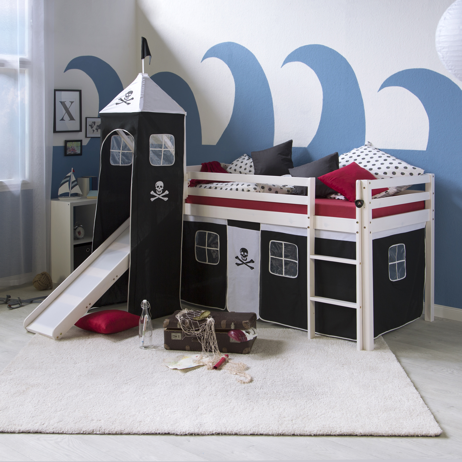 Loftbed 90x200 cm with Tower Slide Mattress Bunk bed Childrens bed Solid Pine Wood Slats Curtain Black Pirate
