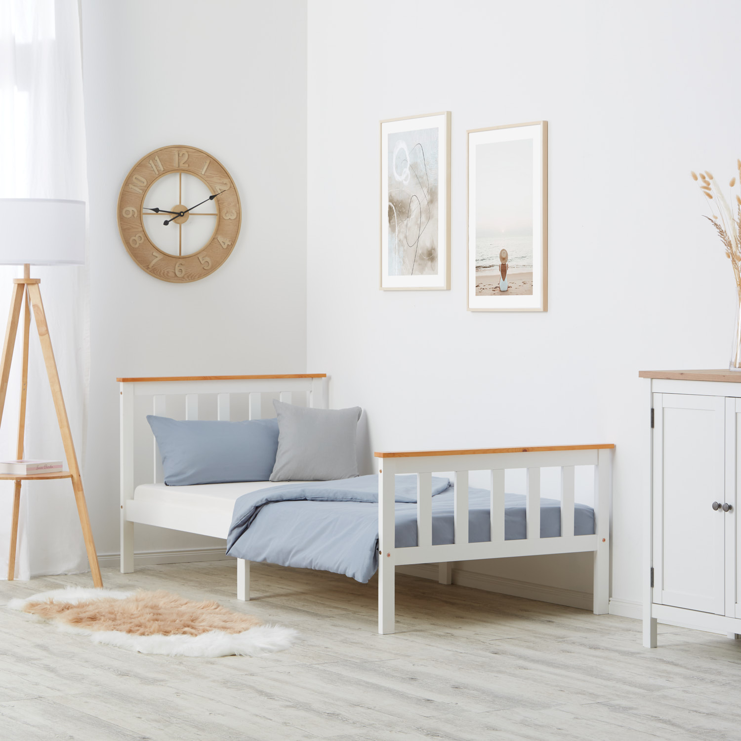 Wood Bed 90x200 cm White Natural | Single Bed | with Slatted Frame | Scandinavian Style | Kids Youth Guest Bedroom
