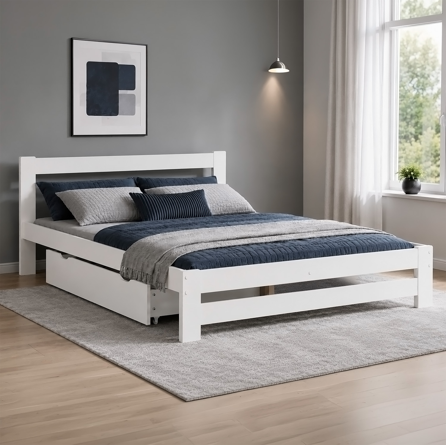 Wooden Bed 140x200 cm White – Solid Wood Double Bed with Storage & Slatted Base