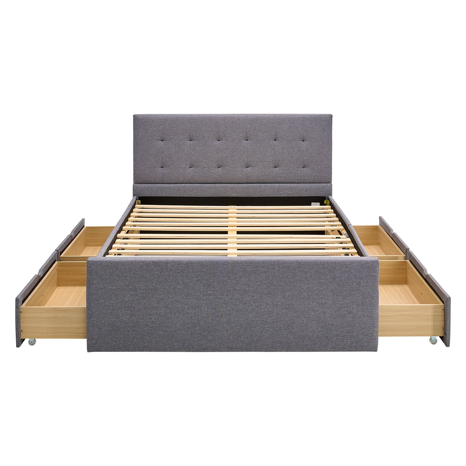 Upholstered bed 140x200 cm grey | with slatted frame | with 4 bed drawers | double fabric bed frame