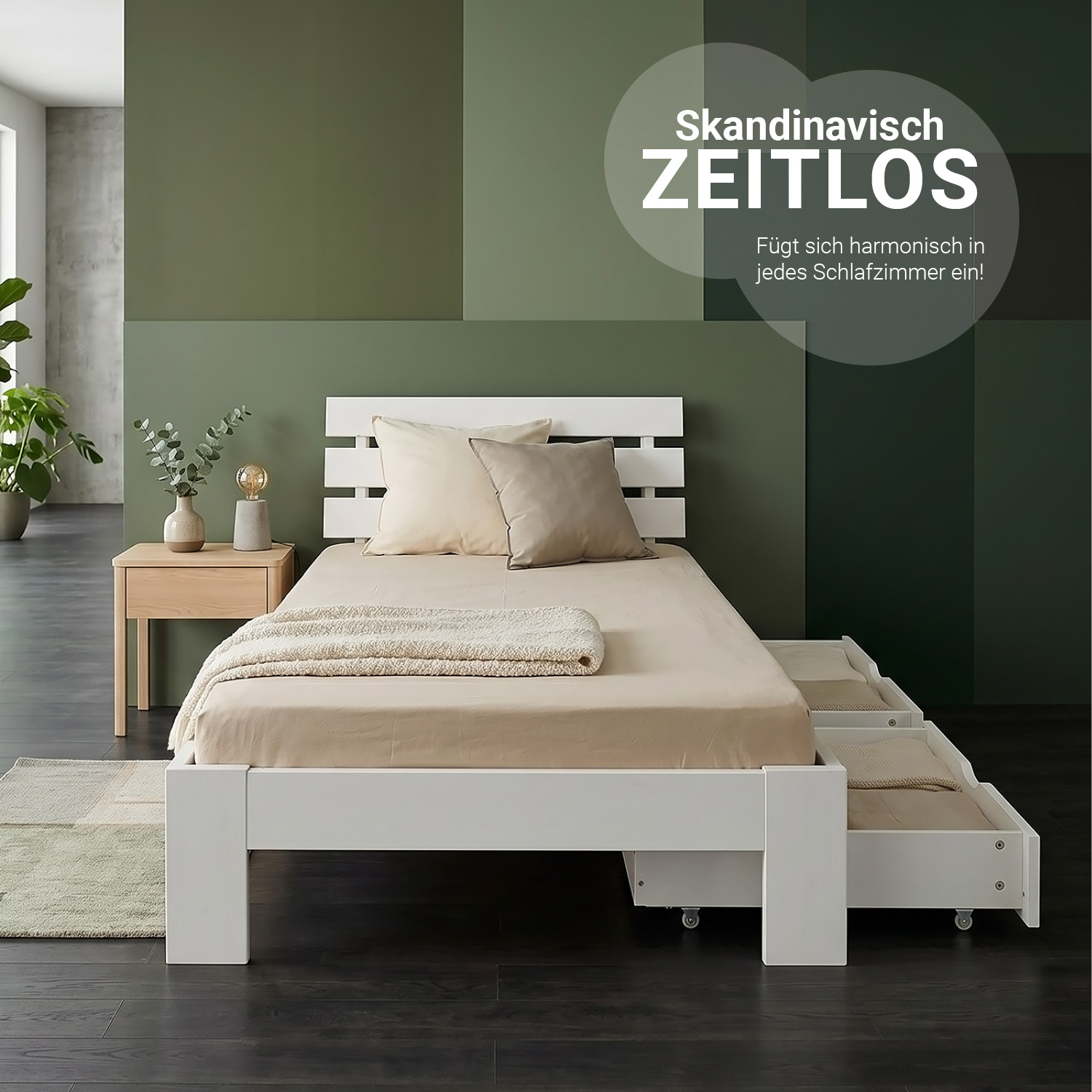Wood Bed 90x200 cm White | Single Bed | with Spring Mattress | 2 Drawers | Youth Guest Bedroom