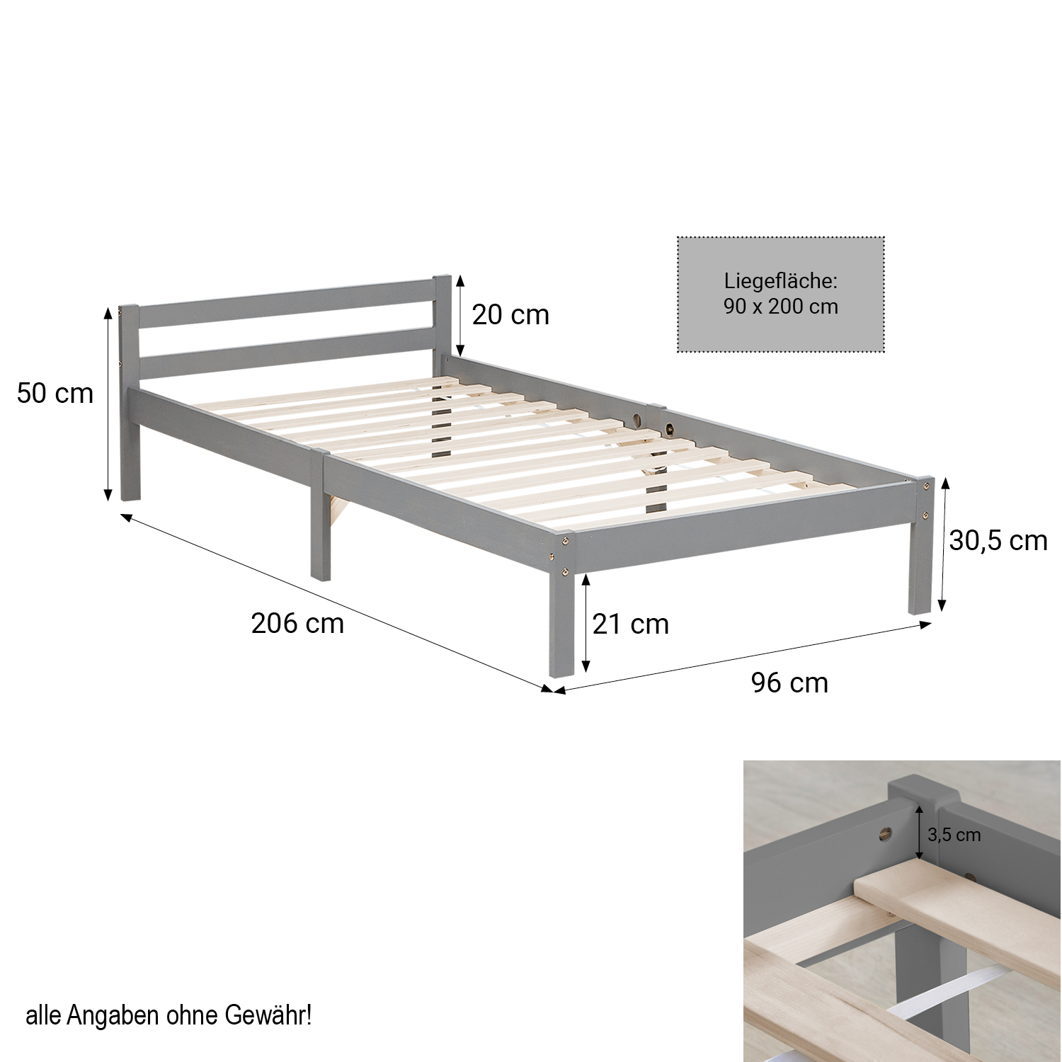 Pallet Bed 90x200 cm Gray | Single Bed | with Slatted Frame | Wood | Kids Youth Guest Bedroom