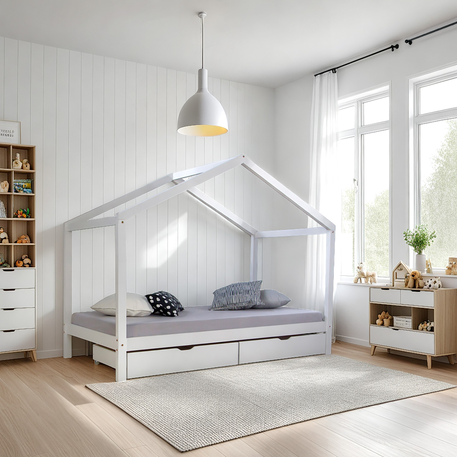 Children's Bed with mattress 90x200 House Bed Kids Bed Wooden Bed White Cot Drawer