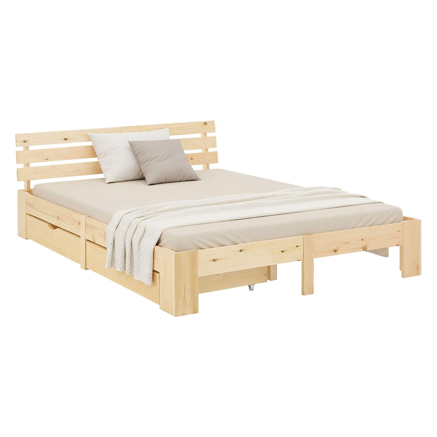Wood Bed 180x200 cm Natural | Double Bed | with 2 Drawers | Solid | Kids Youth Guest Bedroom