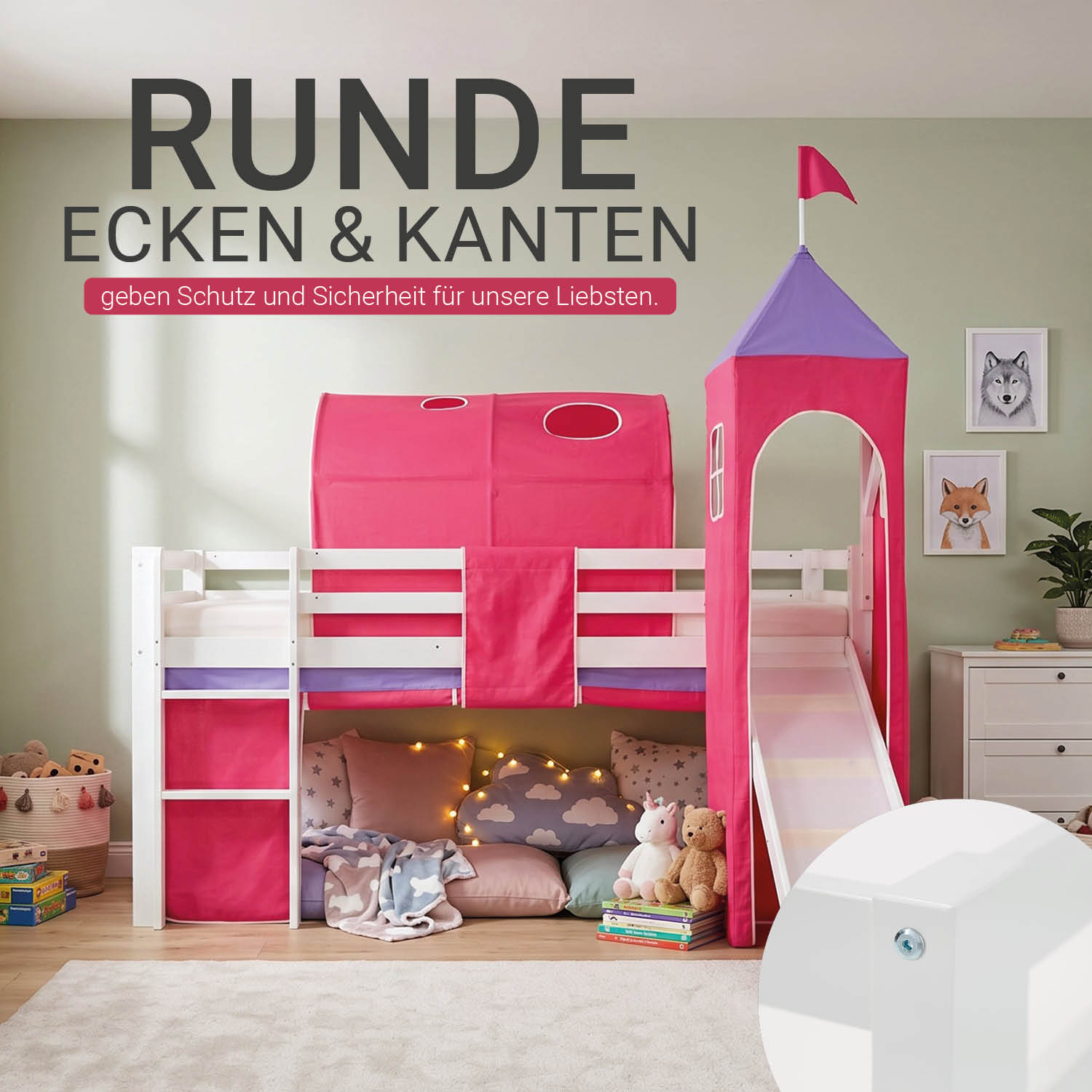 Children's Loft Bed 90x200 cm White with Pink Curtain | Tunnel | Tower | Slide | with Slatted Base