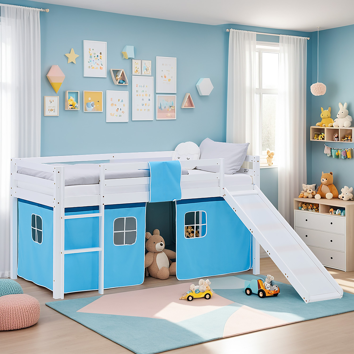 Loft Bed for Kids 90x200 cm White with Curtain in Blue | Slide | with Slatted Frame and Mattress