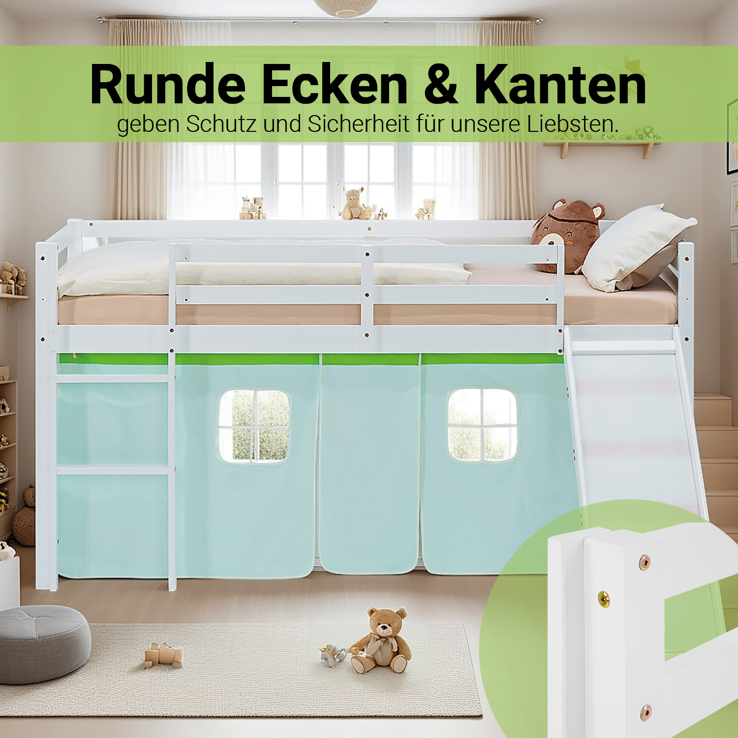 Loft Bed for Kids 90x200 cm White with Curtain in Green | Slide | with Slatted Frame and Mattress