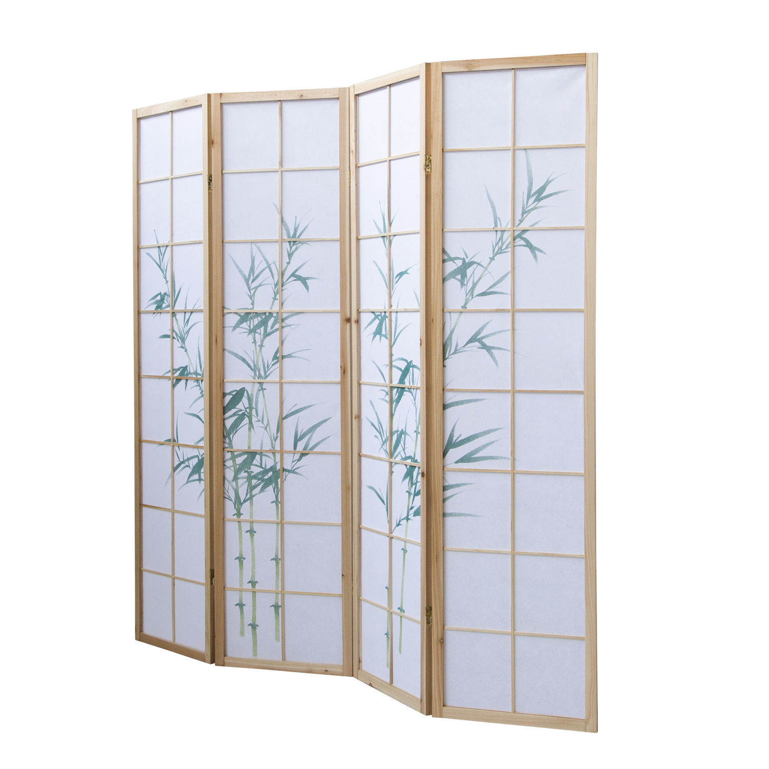 Paravent Séparation de pièce 4 pièces, bois naturel, papier de riz blanc, motif bambou, hauteur 175 cm	