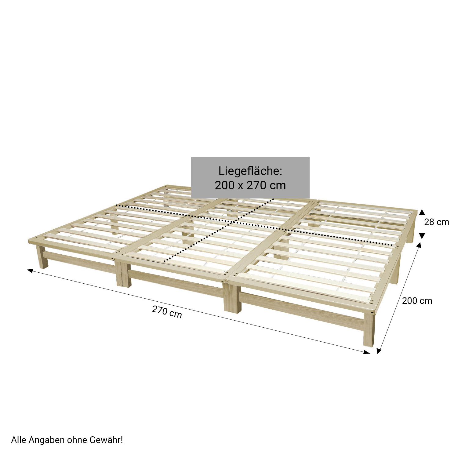 Family bed wooden bed 270x200 cm Natural White Grey pallet bed Solid Frame Futon bed