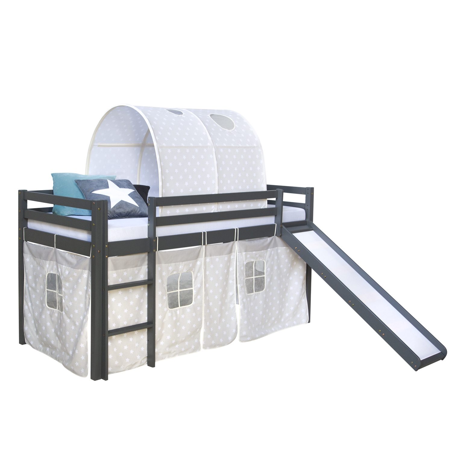 Loftbed 90x200 cm Grey Bunk bed Childrens bed Solid Pine Wood Tower Tunnel Curtain Stars Slide Mattress Slats