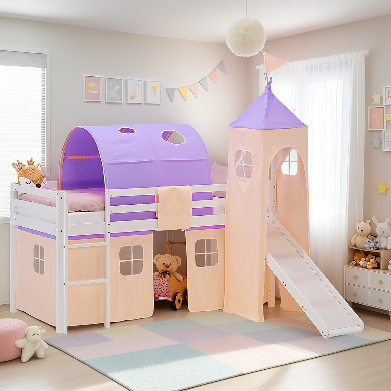 Loft Bed for Kids 90x200 cm White with Curtain in Lilac Beige | Slide | Tower | Tunnel | with Slatted Frame and Mattress