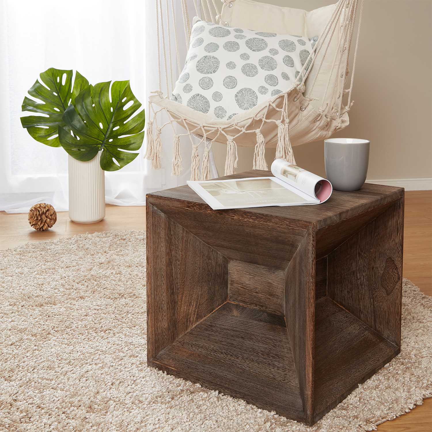 Stool Side Table Wooden Seating Cube Bedside Table Brown Vintage