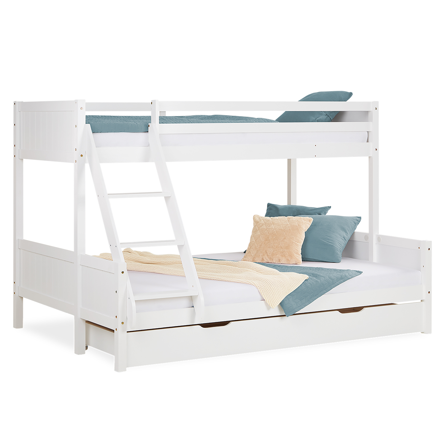 Bunk Bed Kids Bed 90x200 and 140x200 cm White Grey 2 Mattresses Wood Cabin Bed High Sleeper Bed Loft Bed Childrens Bed Twin Bed Drawer