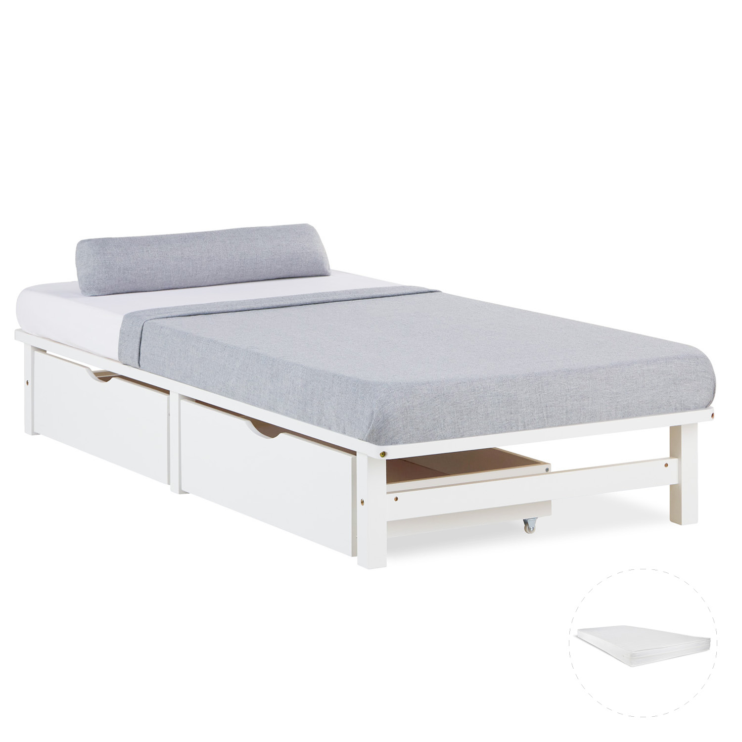 Einzelbett in Weiß mit Holzelementen, Matratze und Stauraum. Das niedrige Bett ist mit einer Matratze und einer länglichen Polsterrolle vor weißem Hintergrund abgebildet. Die offenen Rahmenseiten und die Beine sind sichtbar. Unter der Liegefläche sind zwe