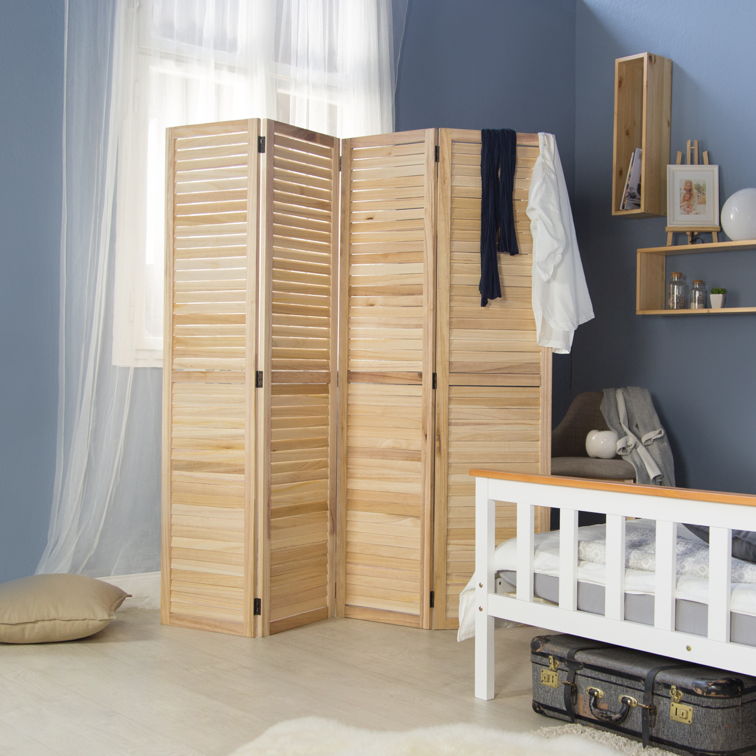 Paravent Natural Wooden Slats | 4-panel | Wood | Room Divider Partition Privacy Screen