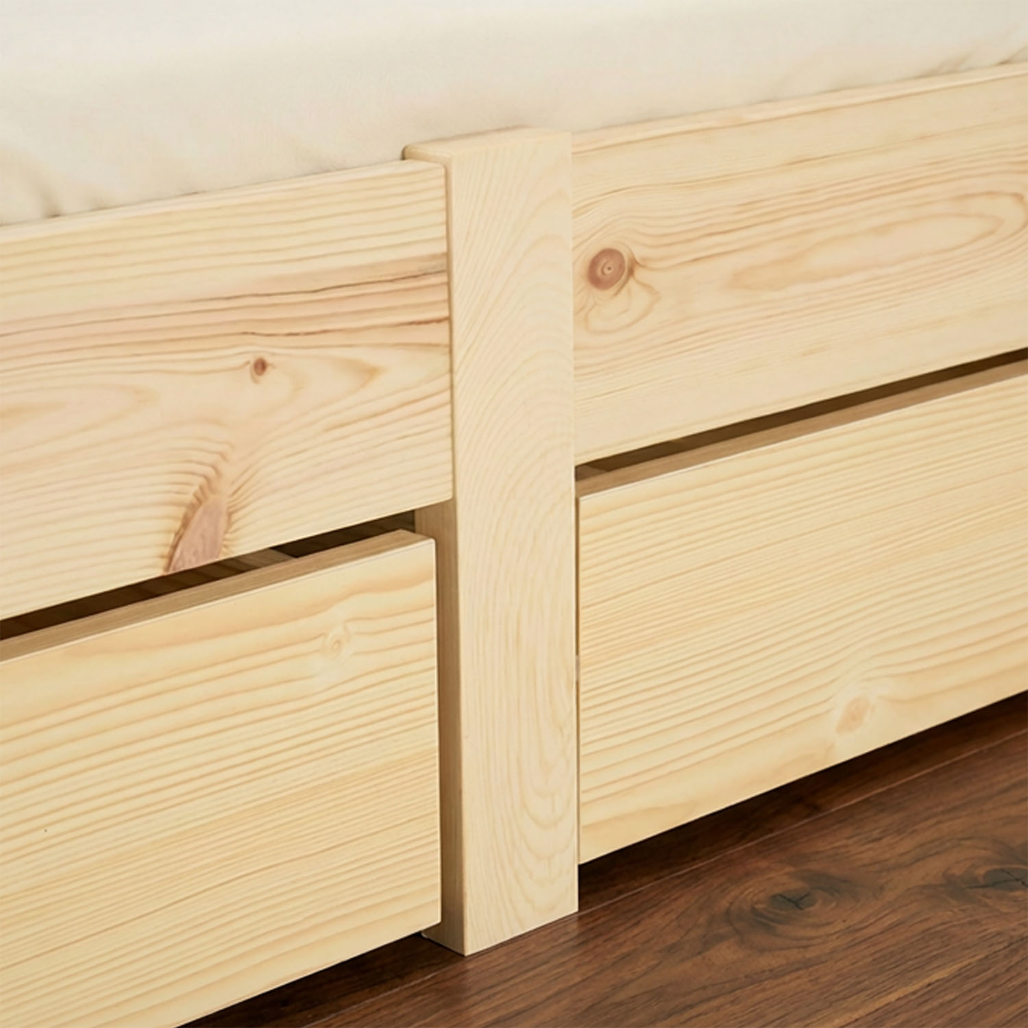 Wooden Bed 90x200 cm, Natural | Single Bed with 2 Underbed Drawers | Incl. Slatted Base | Solid Wood | Child, Teen & Guest Bedroom