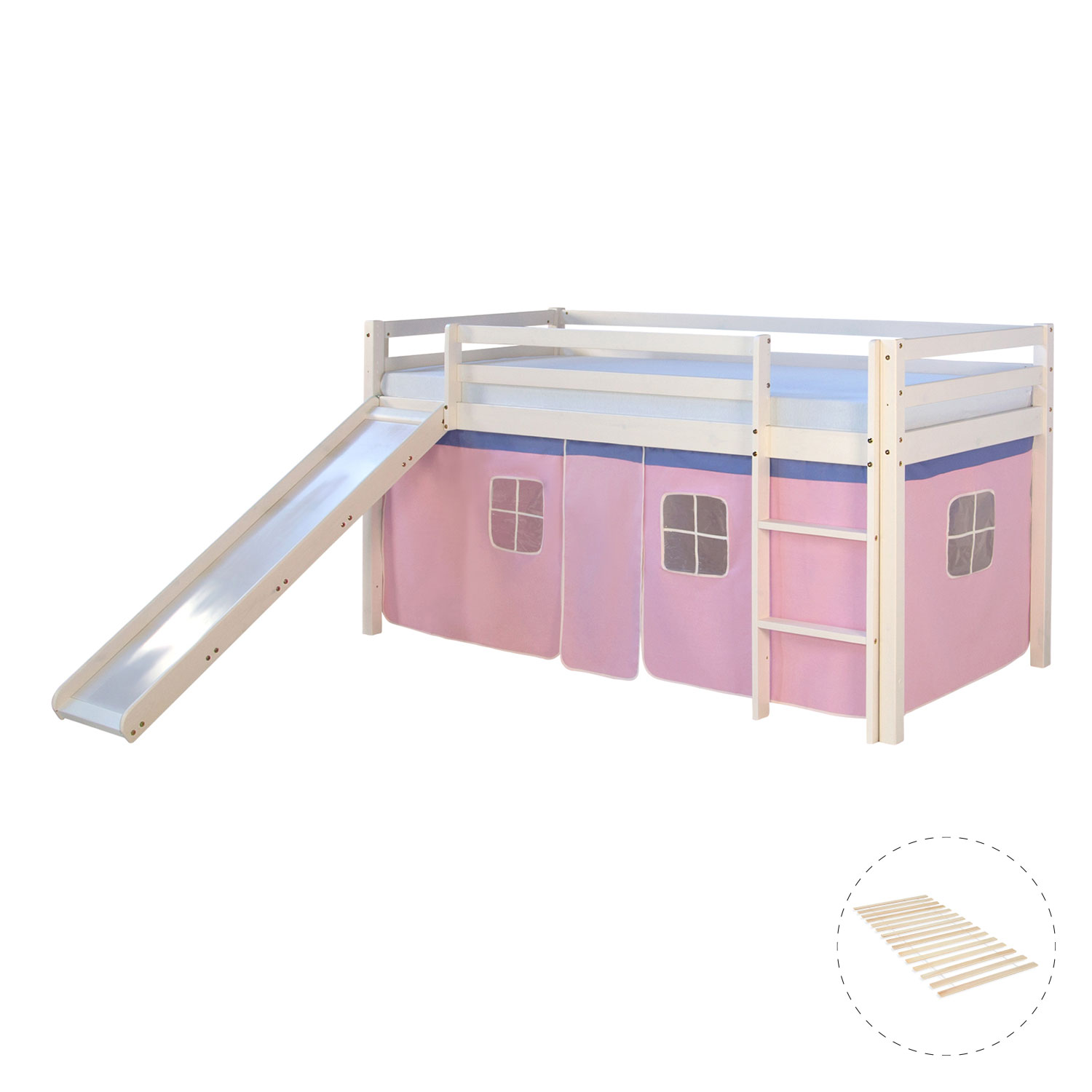Loftbed with Slide 90x200 cm Slats Bunk bed Childrens bed Solid Pine Wood Curtain Pink