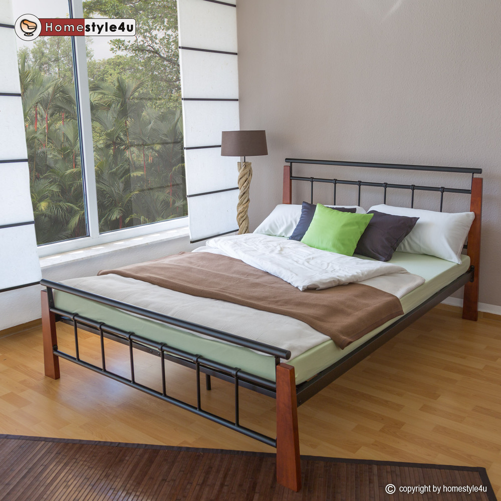 Metal Bed Iron Bed Double 160 x 200 Wood Slatted black brown bed frame 5072