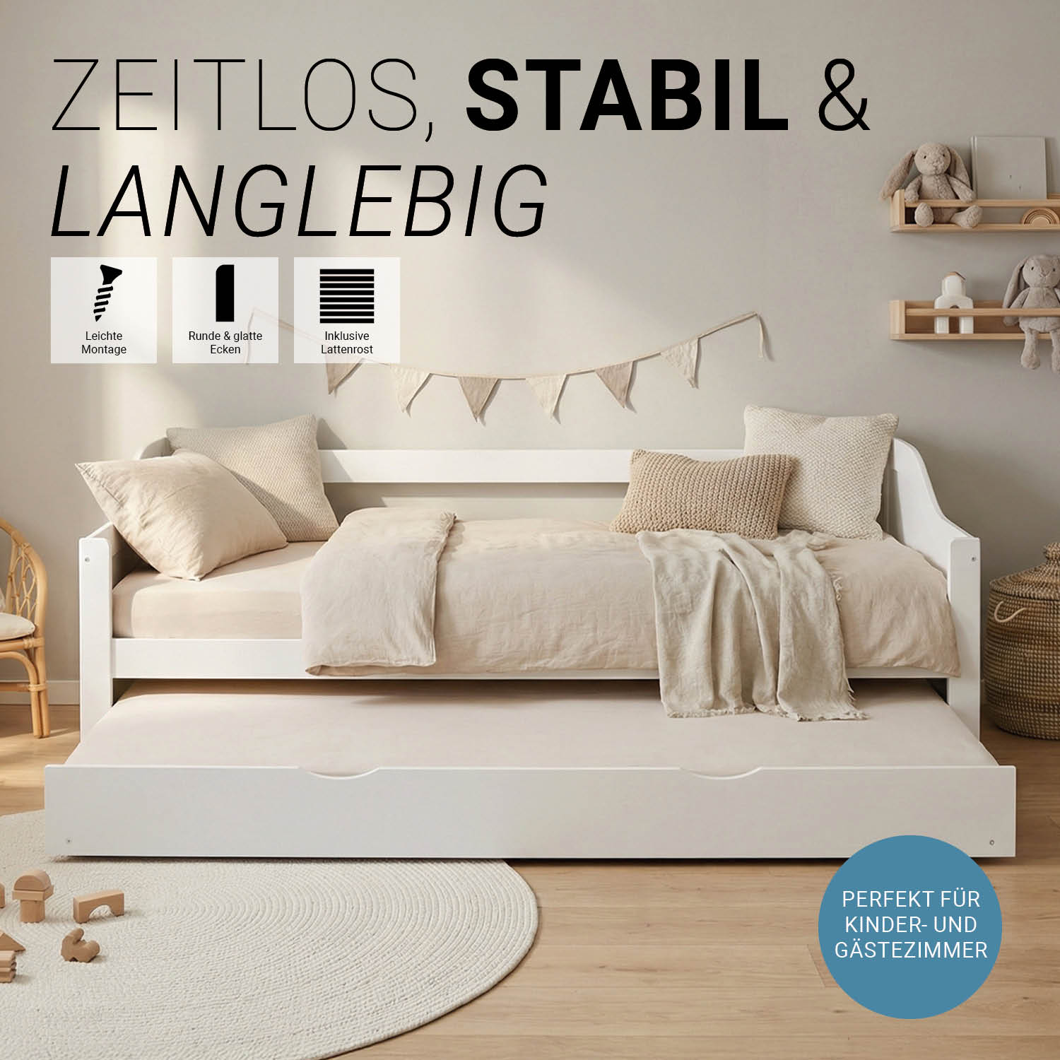 Wooden Bed 90x200 cm White | Pull-out | Bunk Bed | With Mattress | Pull-out Bed, Duo Bed, Functional Bed