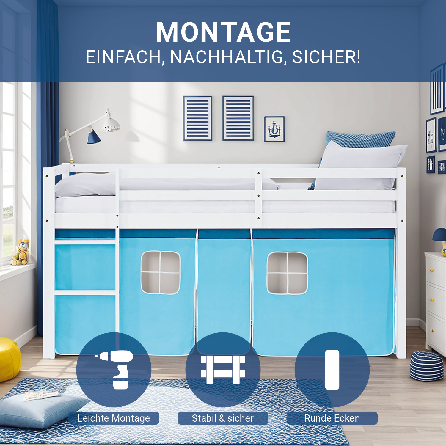 Children's Loft Bed, 90x200 cm, White with Blue Curtain | Includes Slatted Base and Mattress