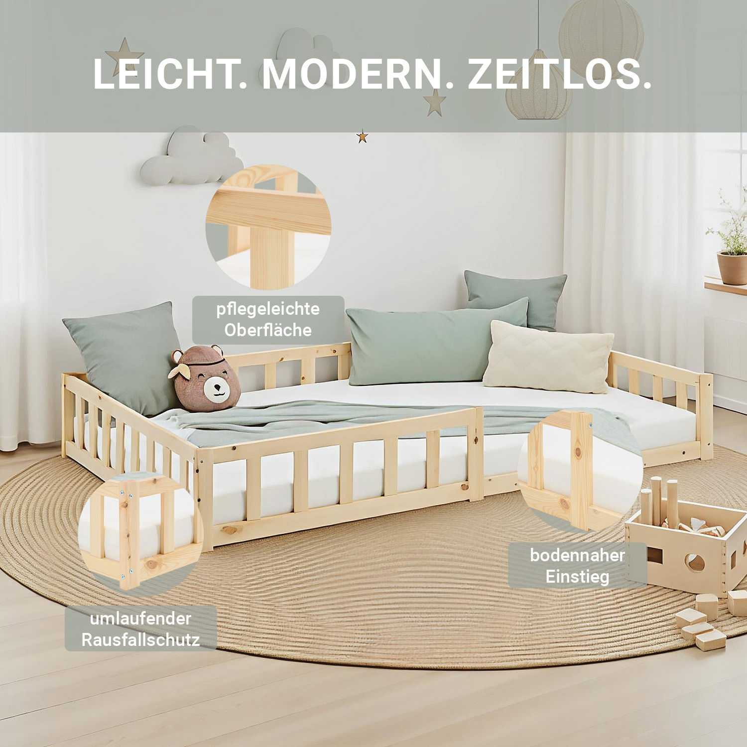 Children's Bed 120x200 Natural | Floor Bed with Mattress & Slatted Frame | with Fall Protection | Montessori