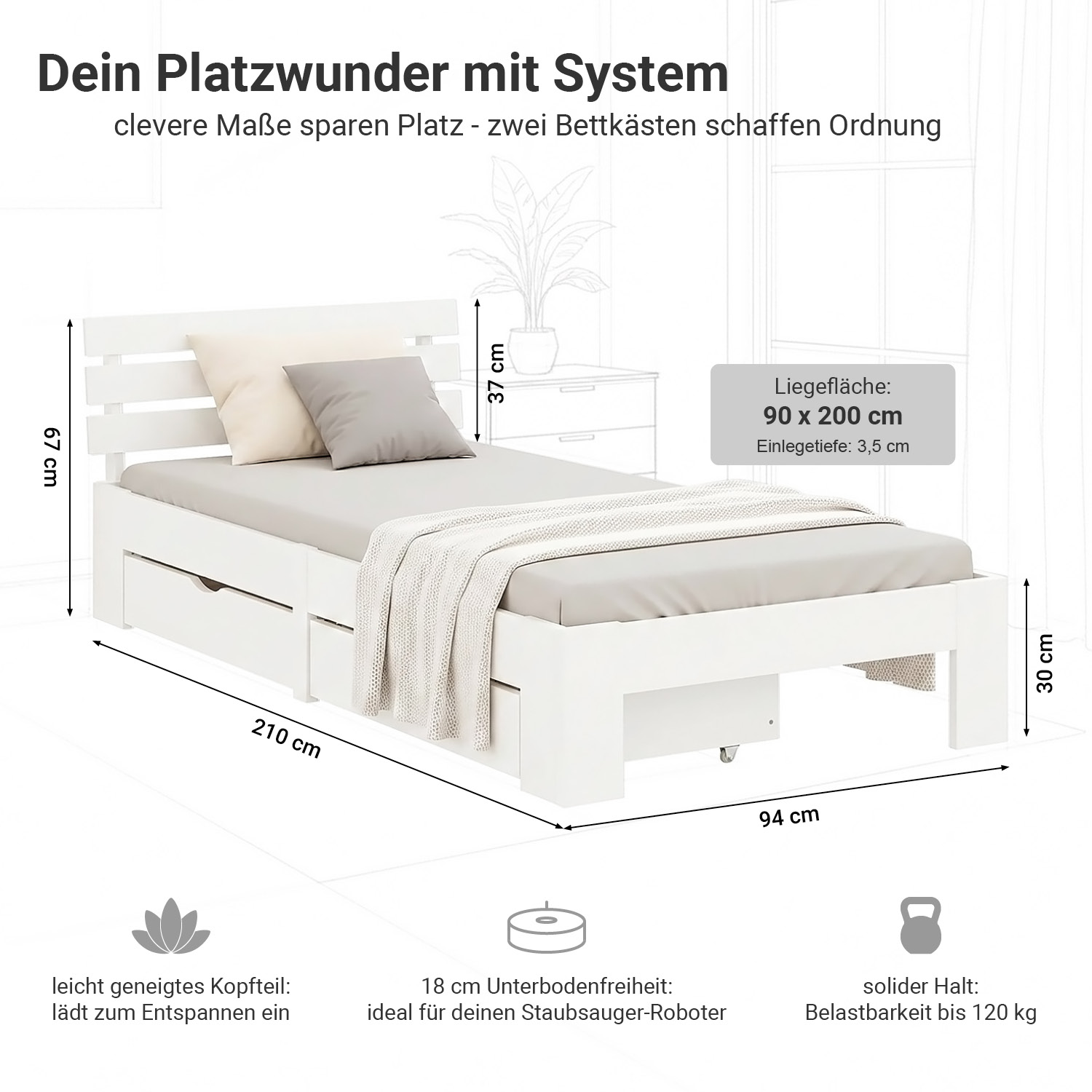 Wood Bed 90x200 cm White | Single Bed | with Spring Mattress | 2 Drawers | Youth Guest Bedroom