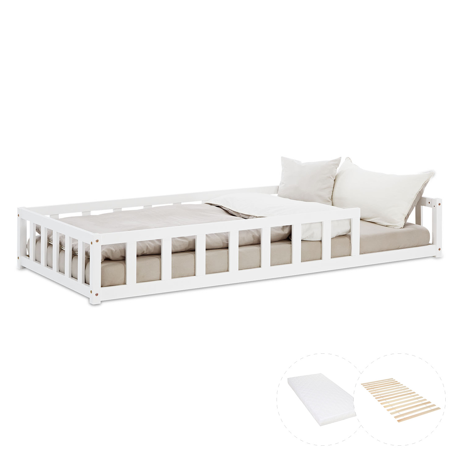 Children's Bed 90x200 White | Floor Bed with Mattress & Slatted Frame | with Fall Protection | Montessori