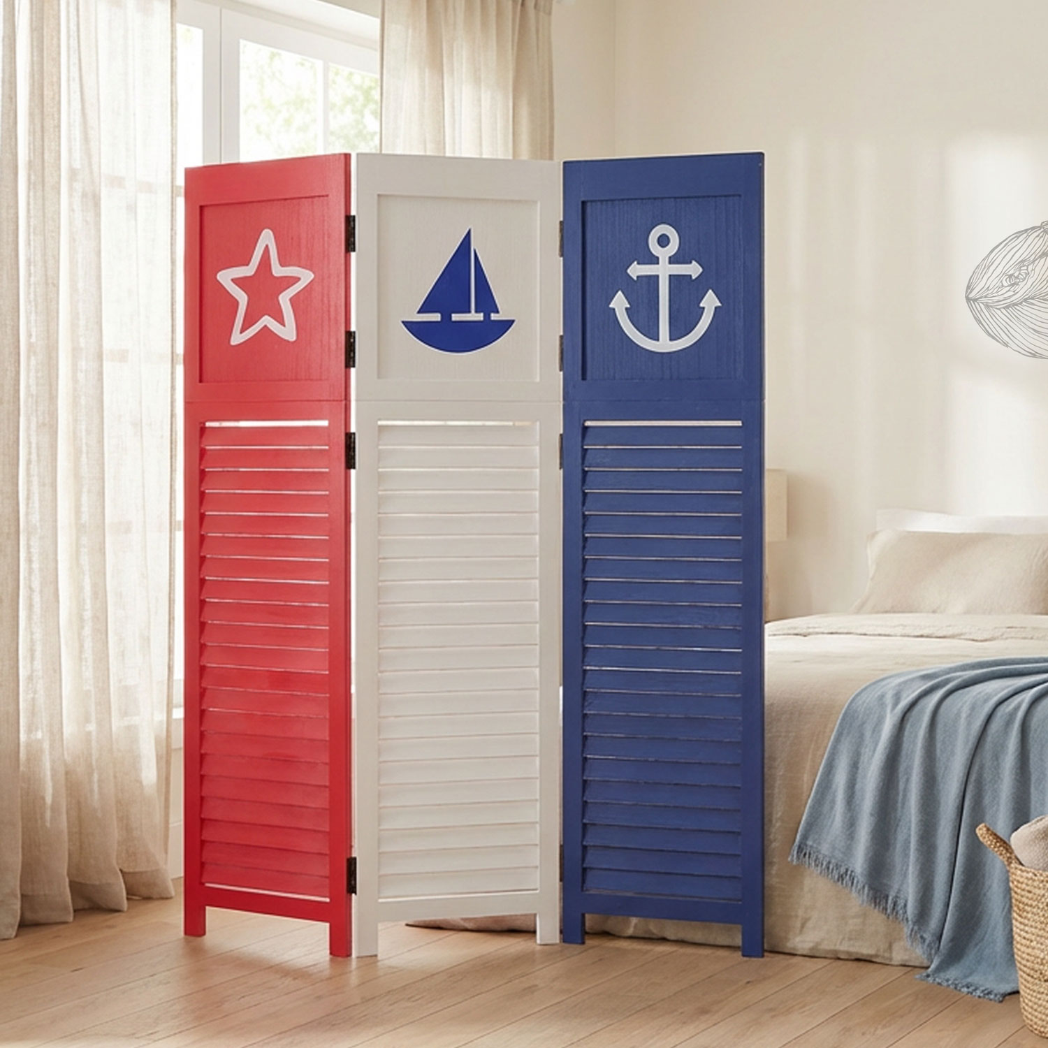 Paravent Red White Black Maritime Motifs | 3-panel | Wood | Room Divider Partition Privacy Screen