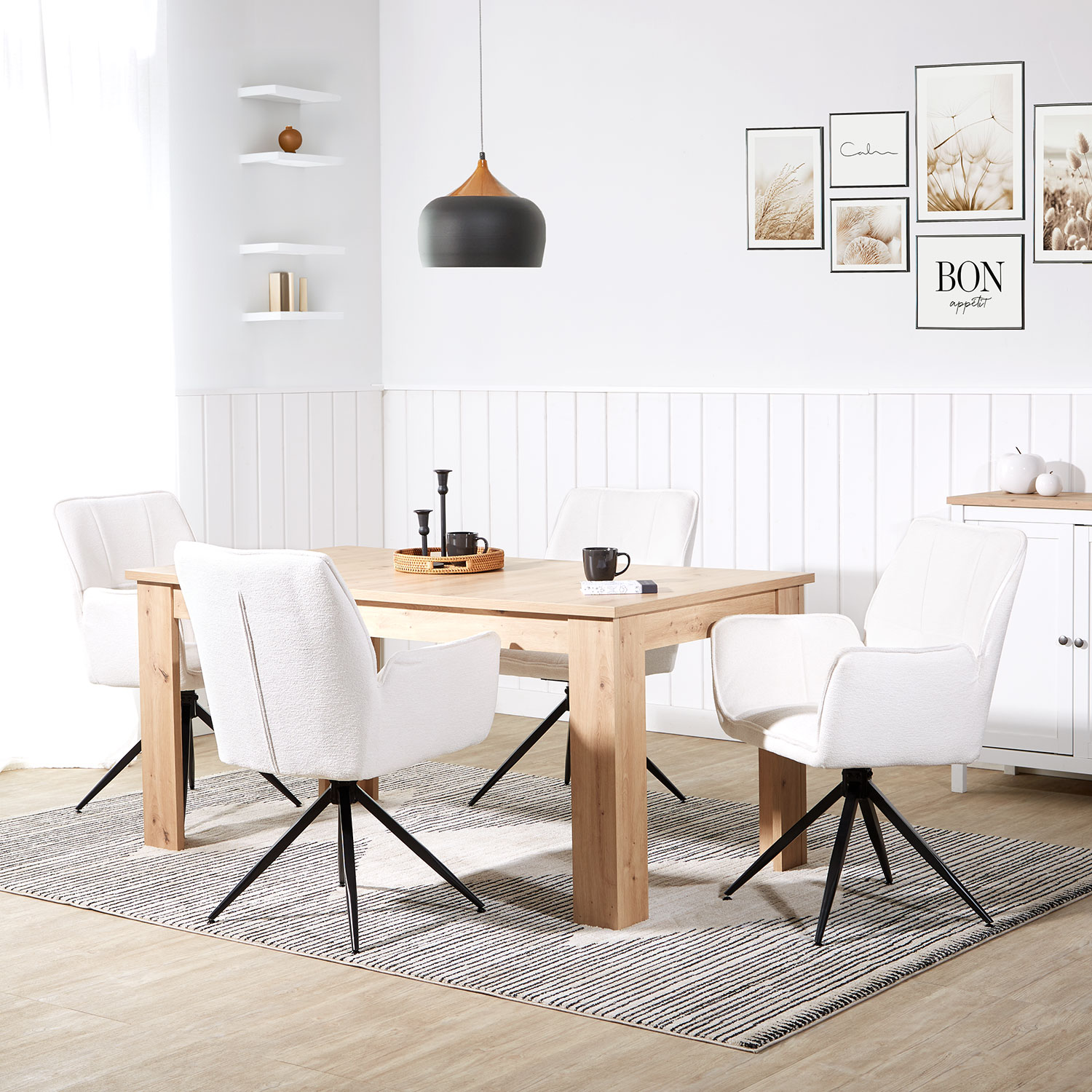 Upholstered Chair Chenille Wool White | Set of 6 | swivel | with Armrests | Kitchen Dining Room Office