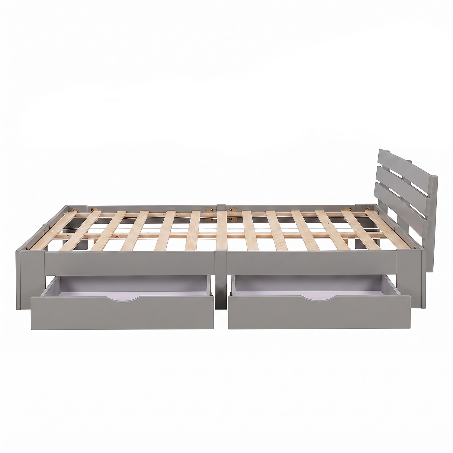 Wooden Bed 140x200 cm, Gray, with Storage Compartment & Slatted Base – Solid Wood Double Bed