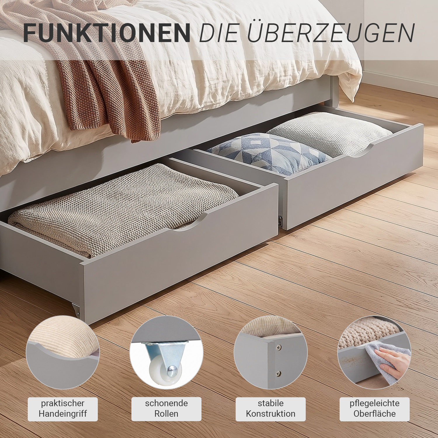 Wooden Bed 90x200 cm Gray | Single Bed with Storage | With Slatted Base | Solid Wood | Children's, Teen, or Guest Bedroom