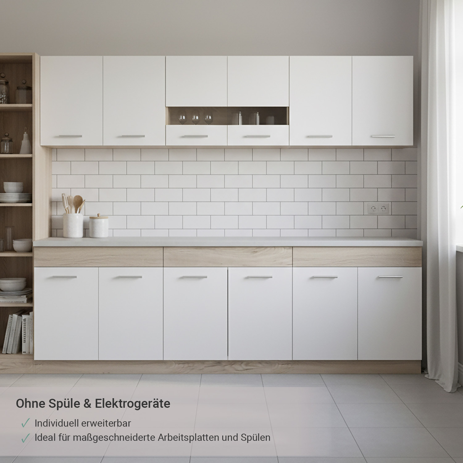 80 cm Kitchen Unit White & Oak – Mini Kitchen with Cabinet Elements, Without Sink and Appliances