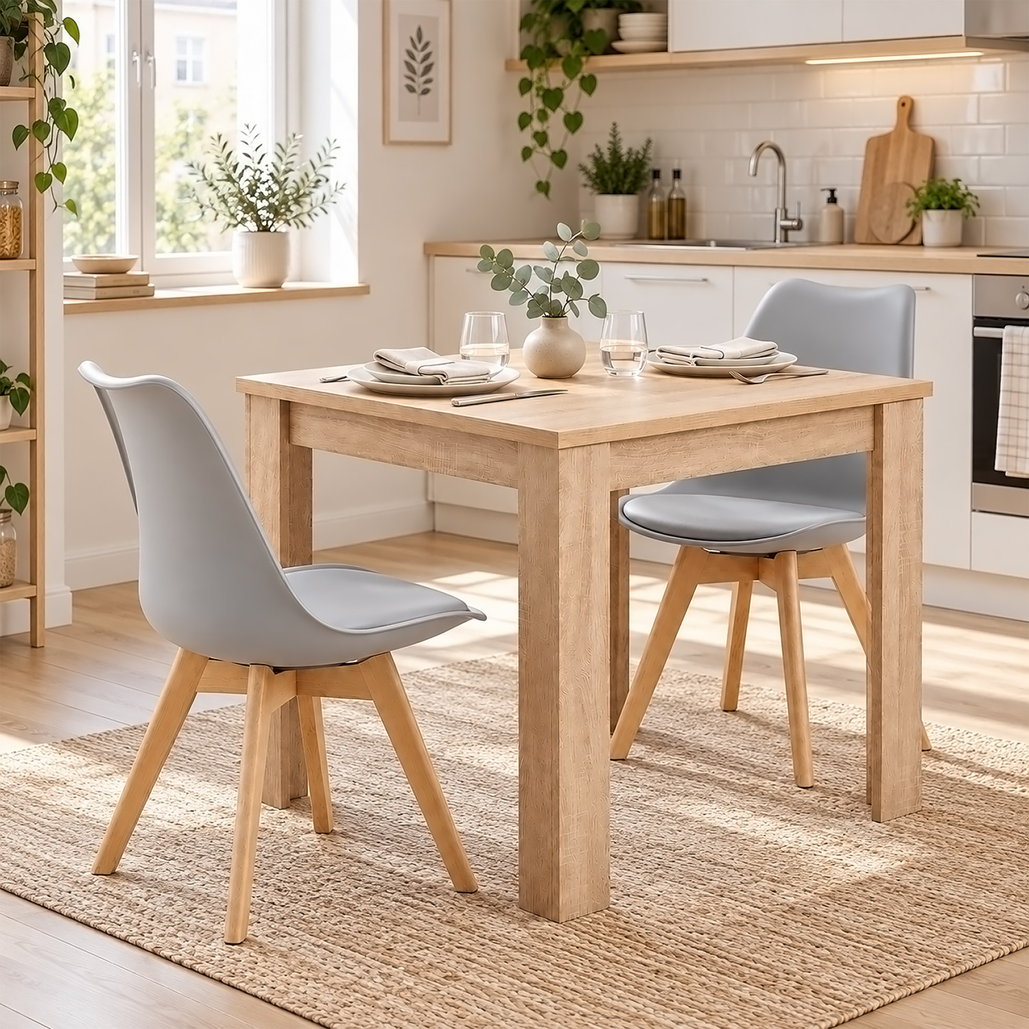 Dining Set (3-Piece): 80x80 cm oak dining table with 2 grey plastic chairs and wooden legs