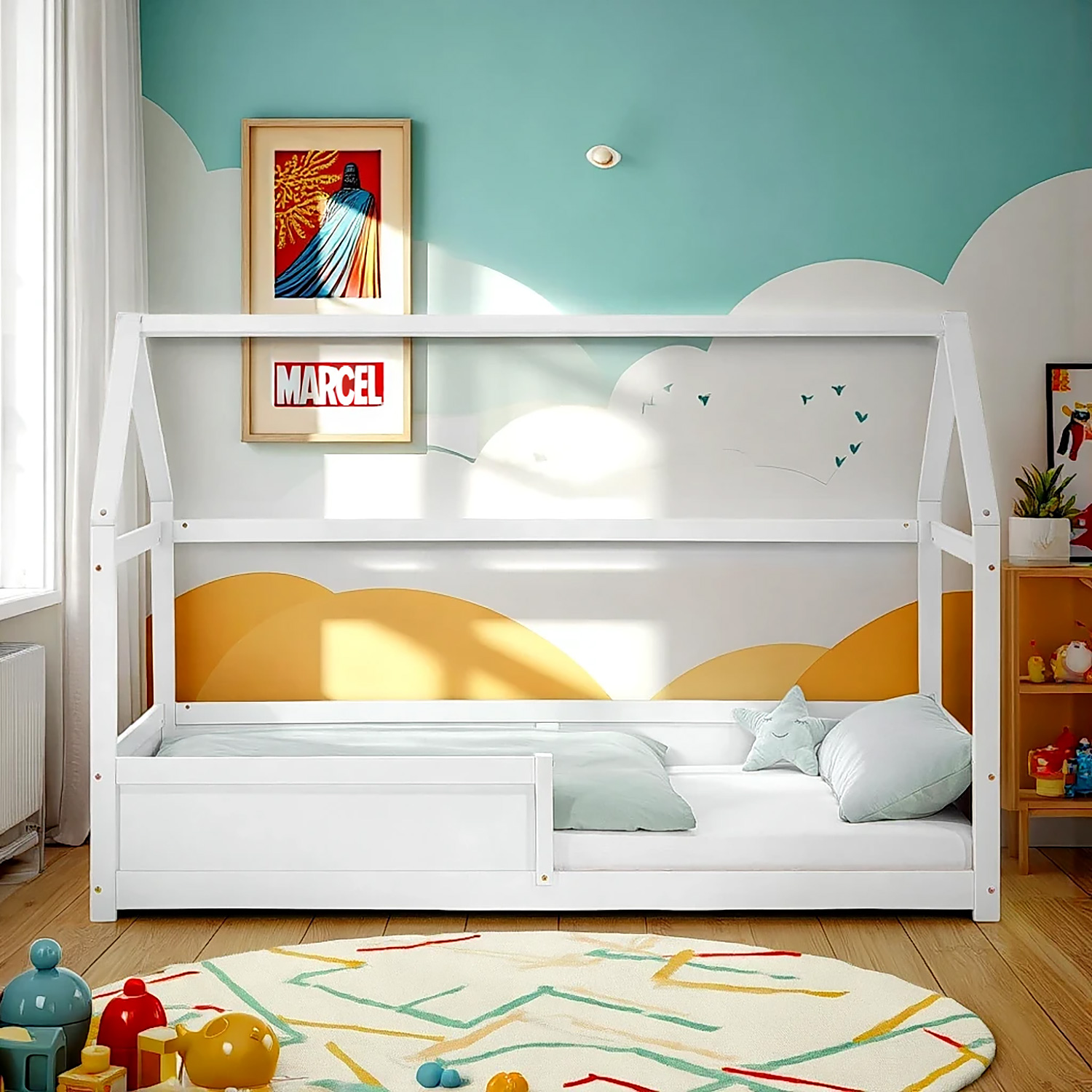 Children's Bed 90x200 cm White | House Bed with Fall Protection | Montessori | Single Bed | with Slatted Frame | Wood