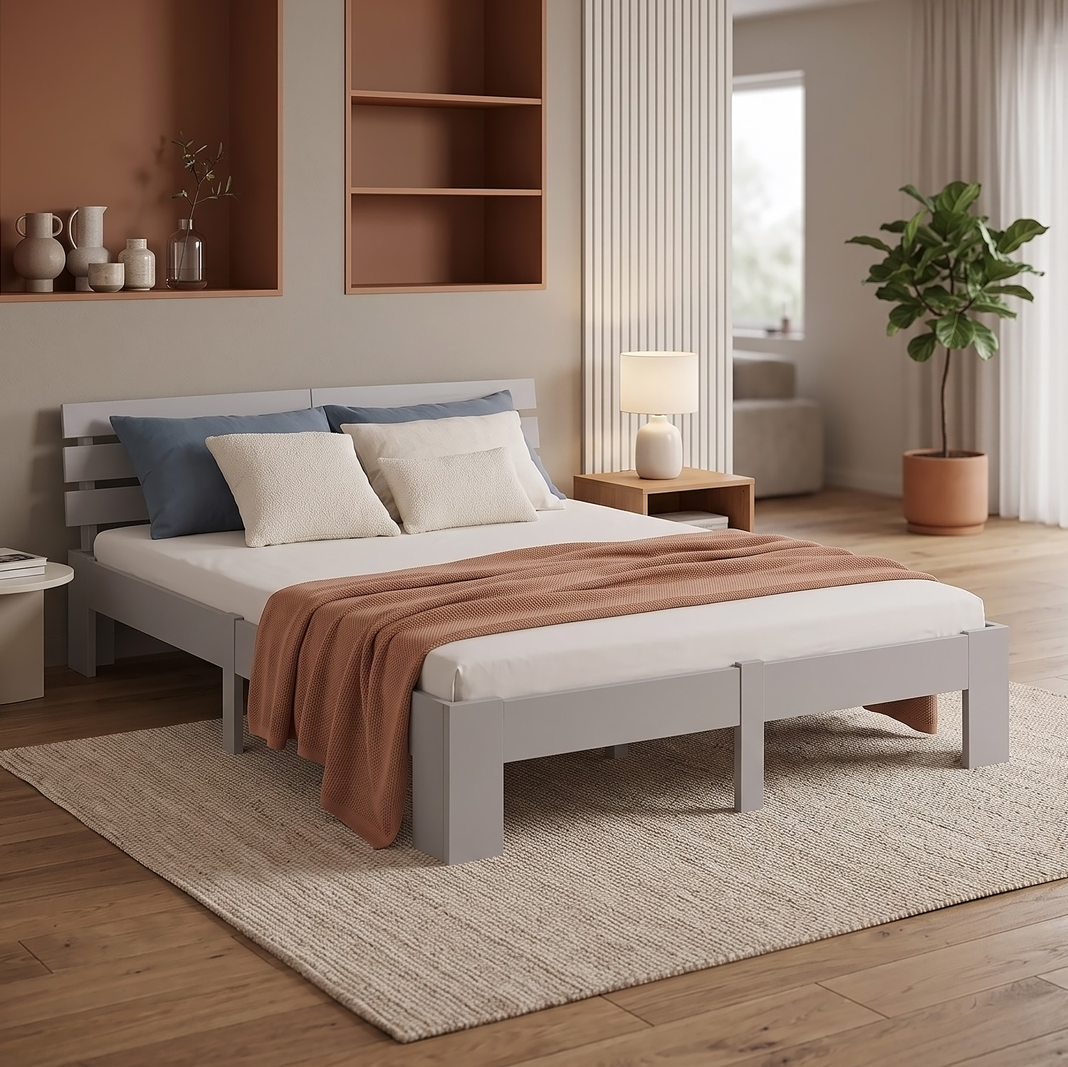 Solid Pine Wood Bed, 140x200 cm, Gray – Double Bed with Slatted Base