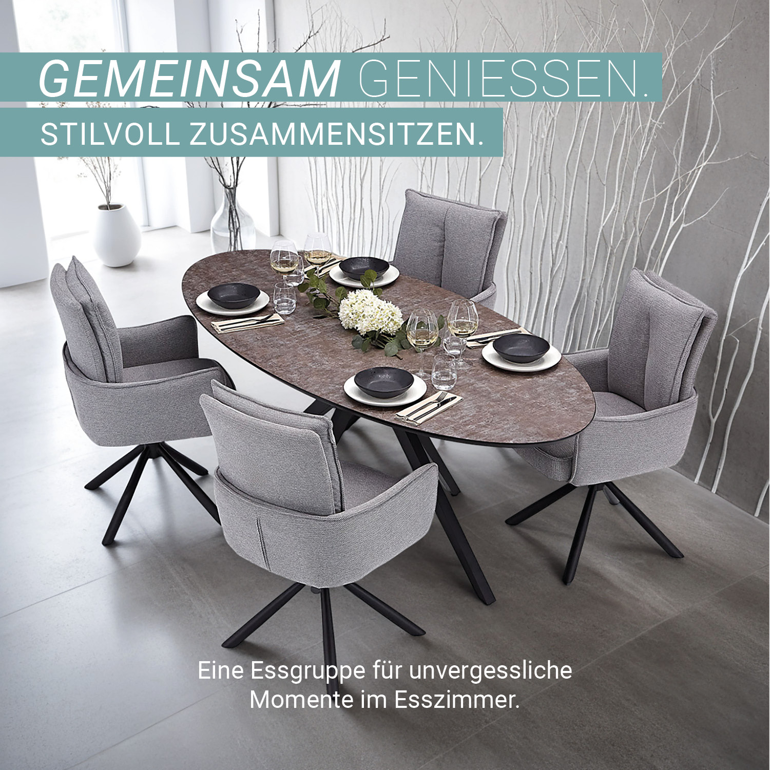 Dining set | 4-piece set upholstered chairs grey with armrest | swivel | dining table brown metal frame oval 200 cm