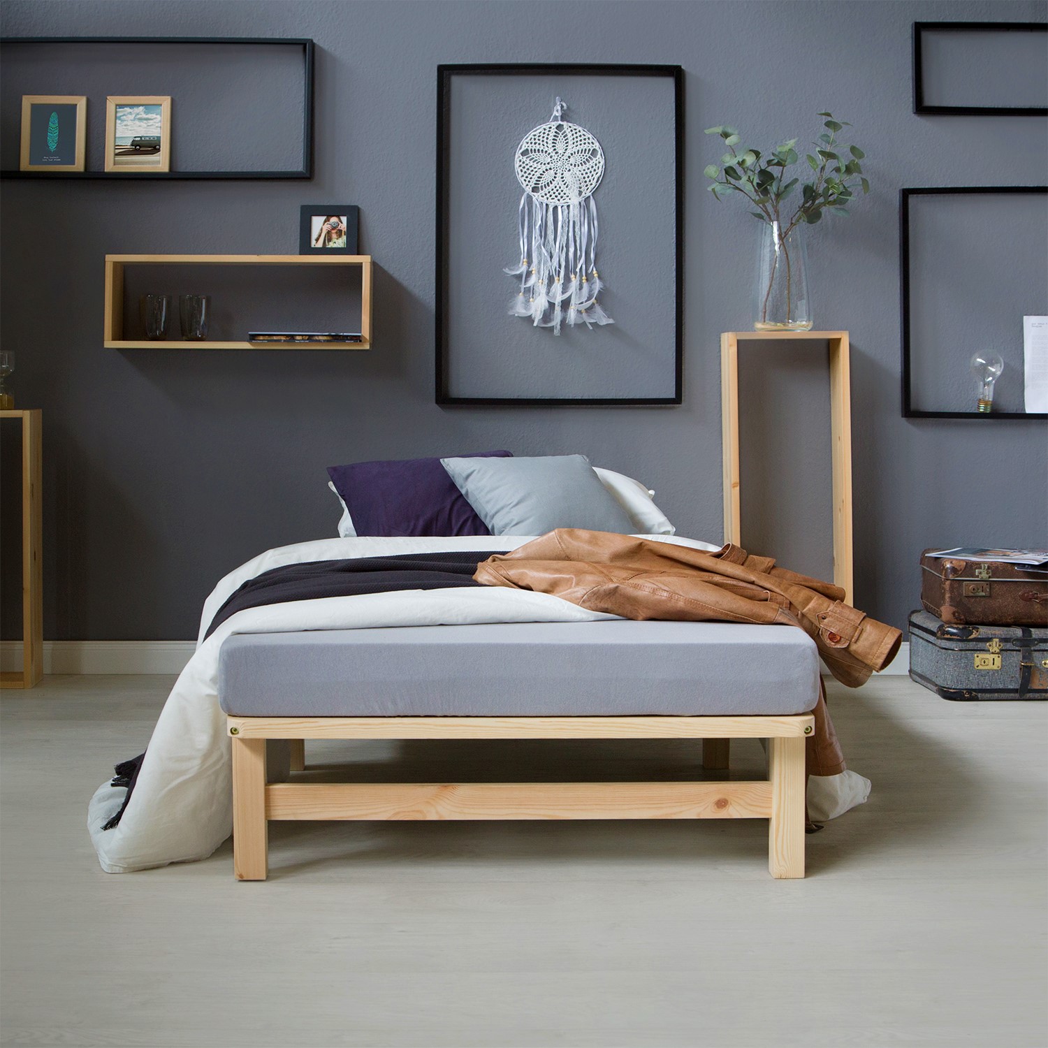 90x200 cm Natural Pallet Bed – Single Wooden Bed with Slatted Base