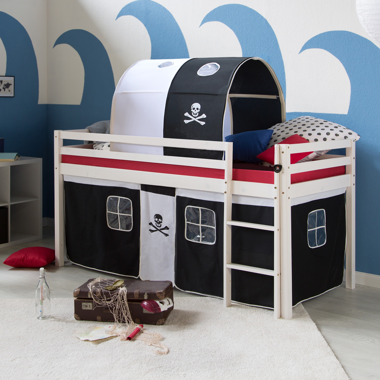 Loftbed 90x200 cm with Mattress Bunk bed Childrens bed Solid Pine Wood Slats Tunnel Curtain Black Pirate